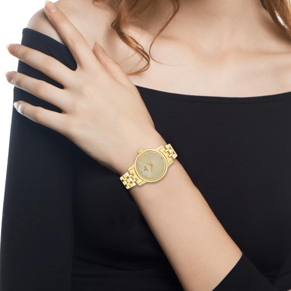 Titan Karishma Quartz Analog Champagne Round Dial Golden Stainless Steel Strap Watch for Women - Image 4